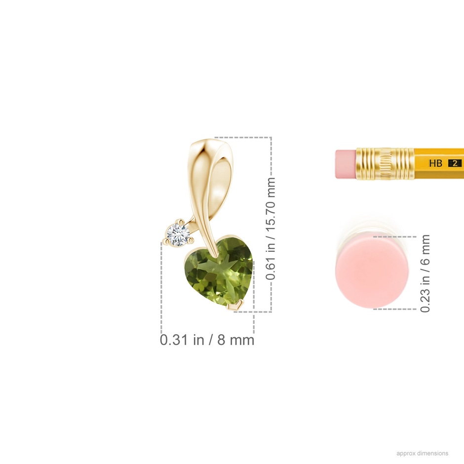 6mm A Heart-Shaped Peridot Ribbon Pendant with Diamond in Yellow Gold ruler