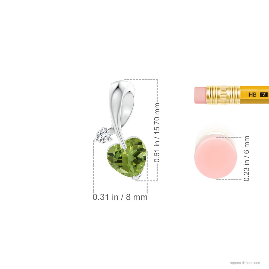 6mm AA Heart-Shaped Peridot Ribbon Pendant with Diamond in White Gold ruler