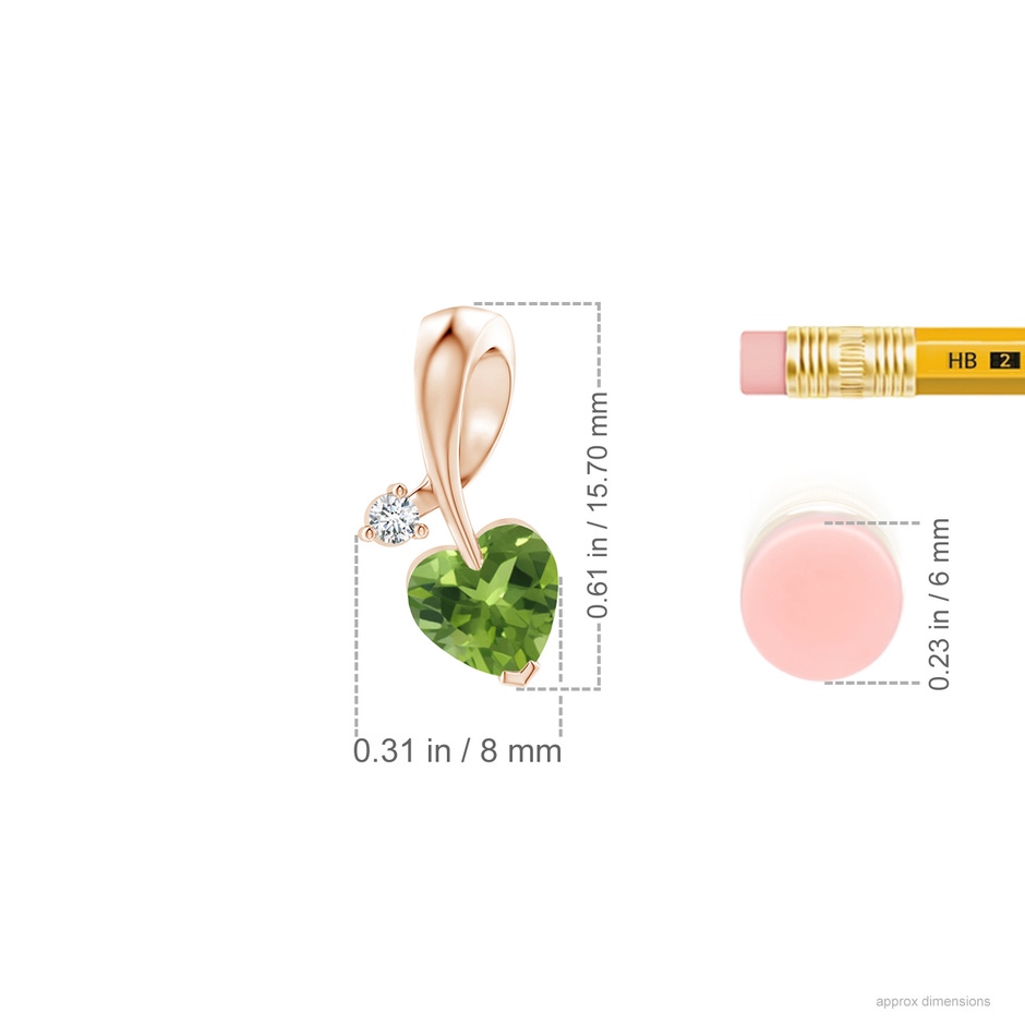 6mm AAA Heart-Shaped Peridot Ribbon Pendant with Diamond in Rose Gold ruler