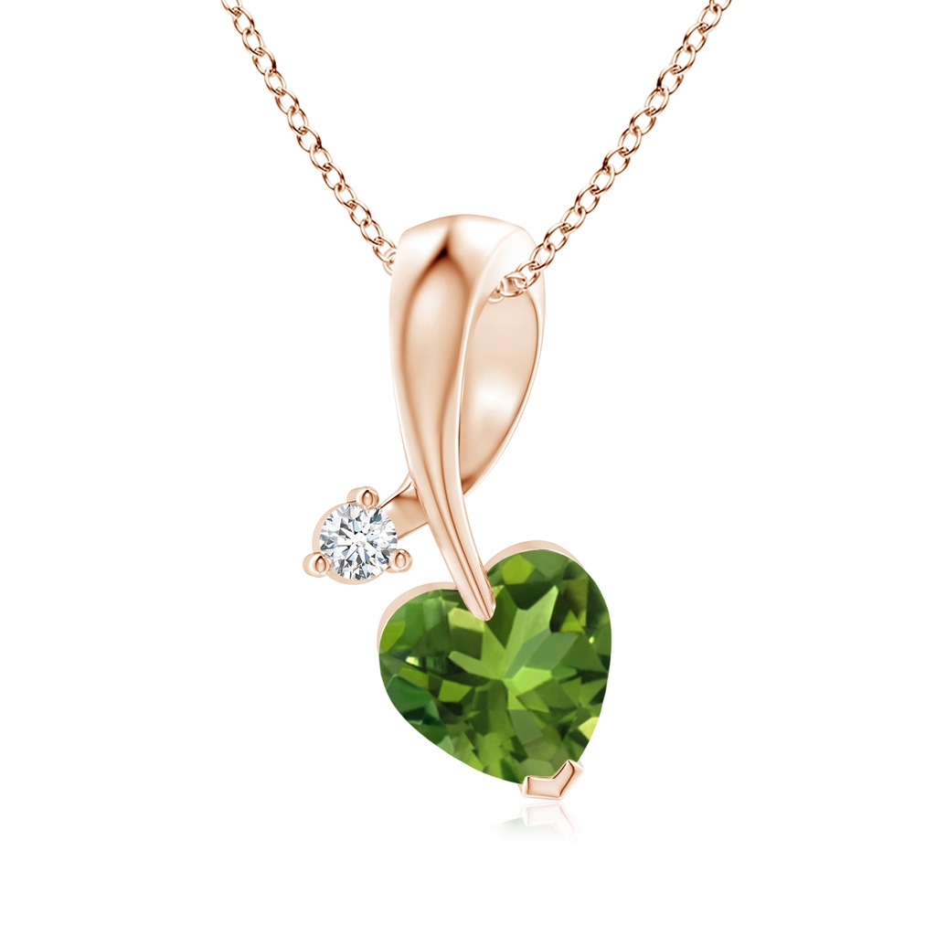 6mm AAAA Heart-Shaped Peridot Ribbon Pendant with Diamond in Rose Gold