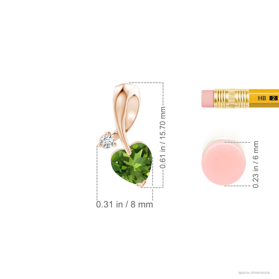 6mm AAAA Heart-Shaped Peridot Ribbon Pendant with Diamond in Rose Gold ruler