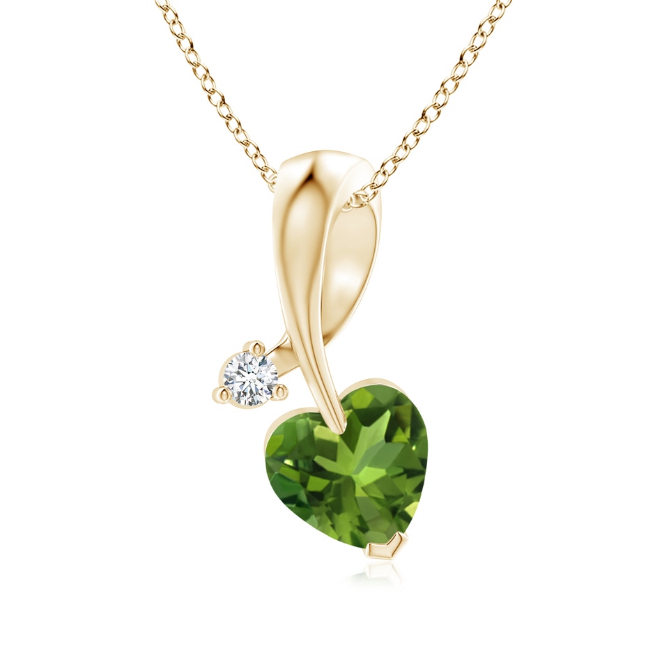 6mm AAAA Heart-Shaped Peridot Ribbon Pendant with Diamond in Yellow Gold 