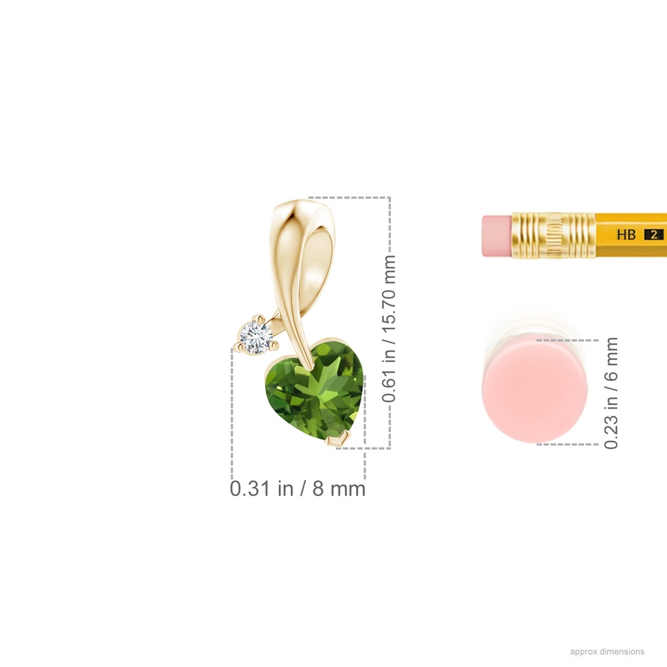 6mm AAAA Heart-Shaped Peridot Ribbon Pendant with Diamond in Yellow Gold ruler