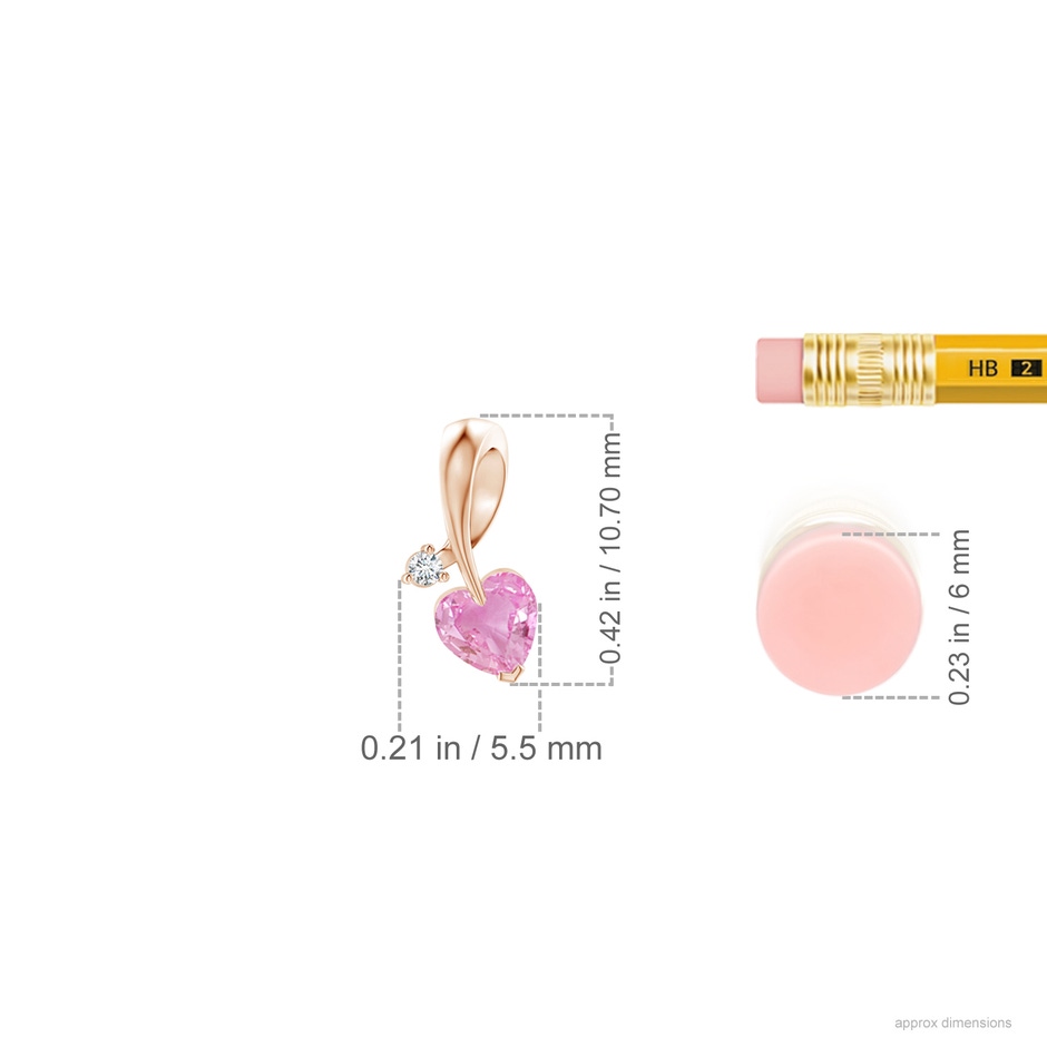 4mm A Heart-Shaped Pink Sapphire Ribbon Pendant with Diamond in Rose Gold ruler