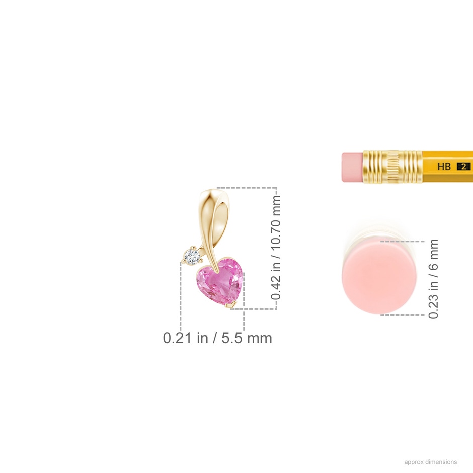 4mm AA Heart-Shaped Pink Sapphire Ribbon Pendant with Diamond in Yellow Gold ruler