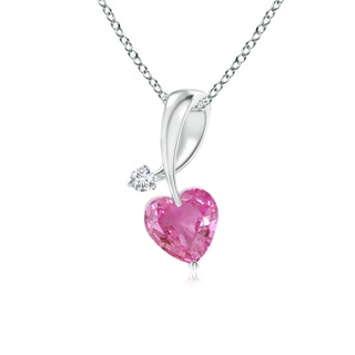 4mm AAA Heart-Shaped Pink Sapphire Ribbon Pendant with Diamond in 9K White Gold