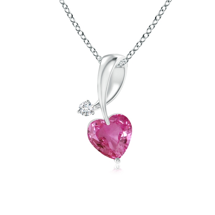 4mm AAAA Heart-Shaped Pink Sapphire Ribbon Pendant with Diamond in 9K White Gold