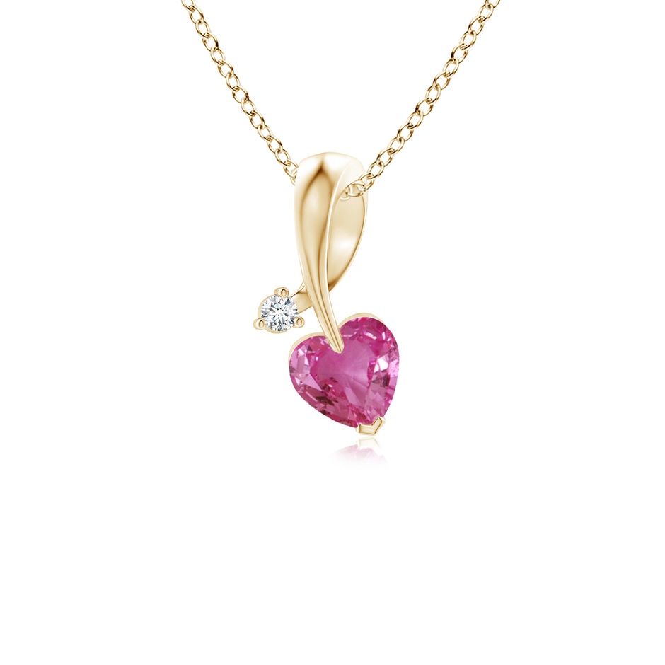 4mm AAAA Heart-Shaped Pink Sapphire Ribbon Pendant with Diamond in Yellow Gold 