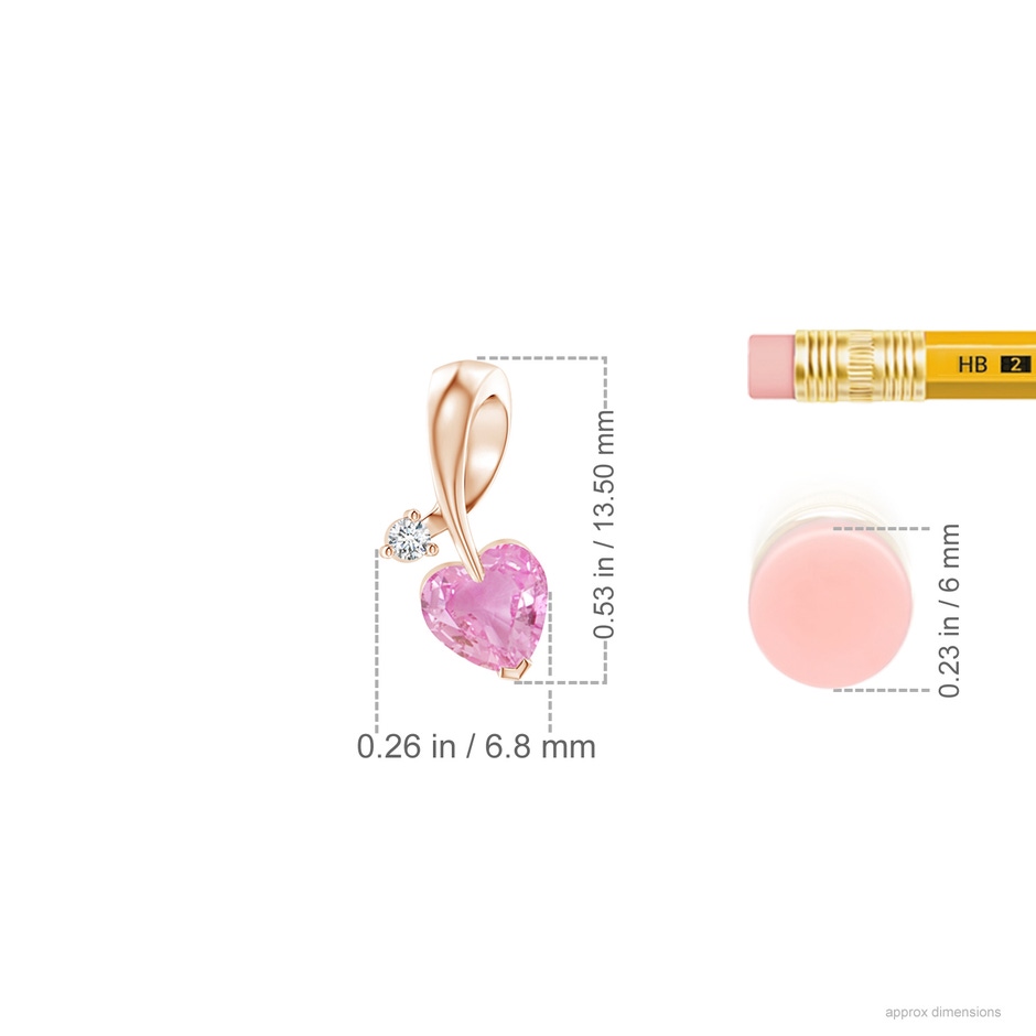 5mm A Heart-Shaped Pink Sapphire Ribbon Pendant with Diamond in Rose Gold ruler