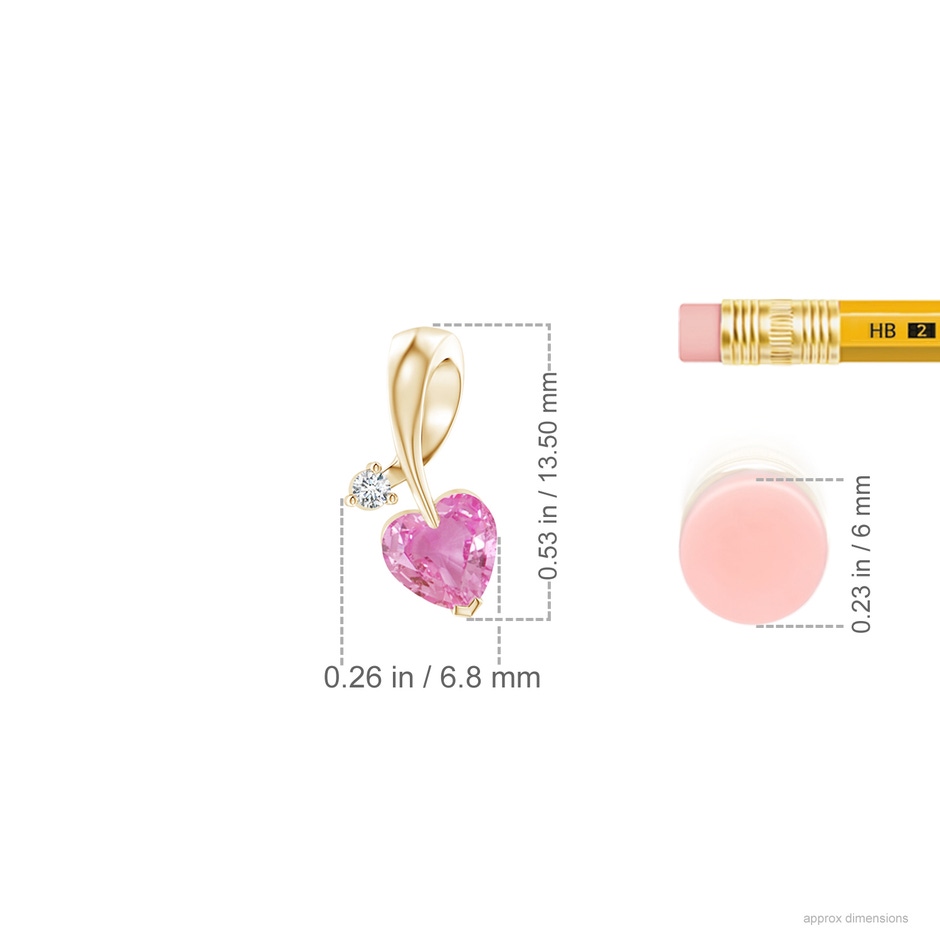 5mm AA Heart-Shaped Pink Sapphire Ribbon Pendant with Diamond in Yellow Gold ruler