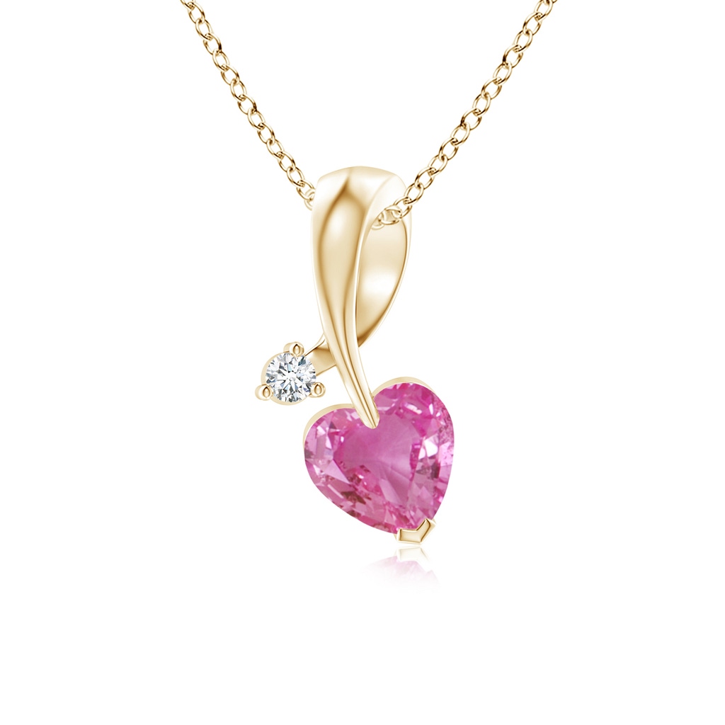 5mm AAA Heart-Shaped Pink Sapphire Ribbon Pendant with Diamond in Yellow Gold