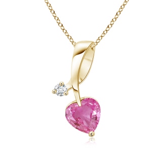 5mm AAA Heart-Shaped Pink Sapphire Ribbon Pendant with Diamond in Yellow Gold