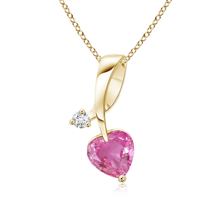 5mm AAA Heart-Shaped Pink Sapphire Ribbon Pendant with Diamond in Yellow Gold 