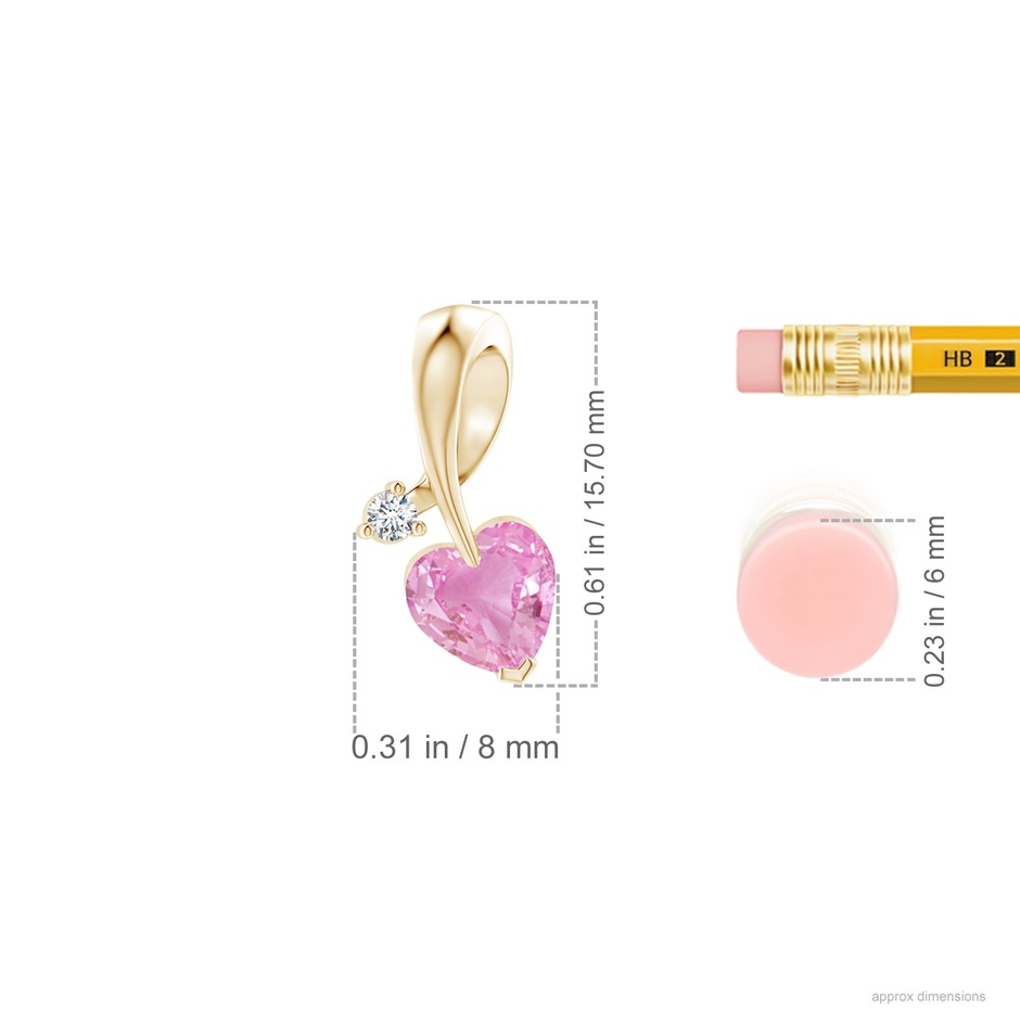 6mm A Heart-Shaped Pink Sapphire Ribbon Pendant with Diamond in Yellow Gold ruler