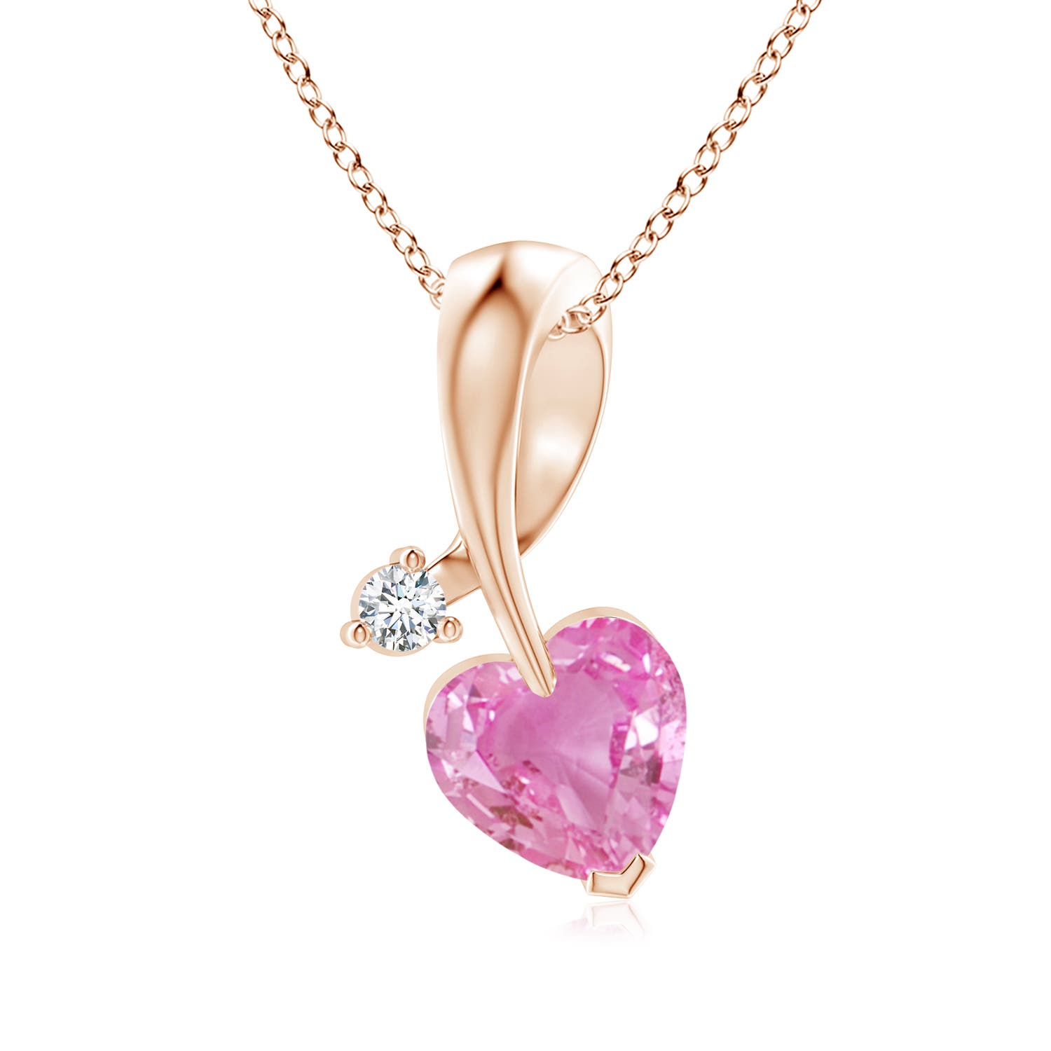 6mm AA Heart-Shaped Pink Sapphire Ribbon Pendant with Diamond in 18CT Rose Gold