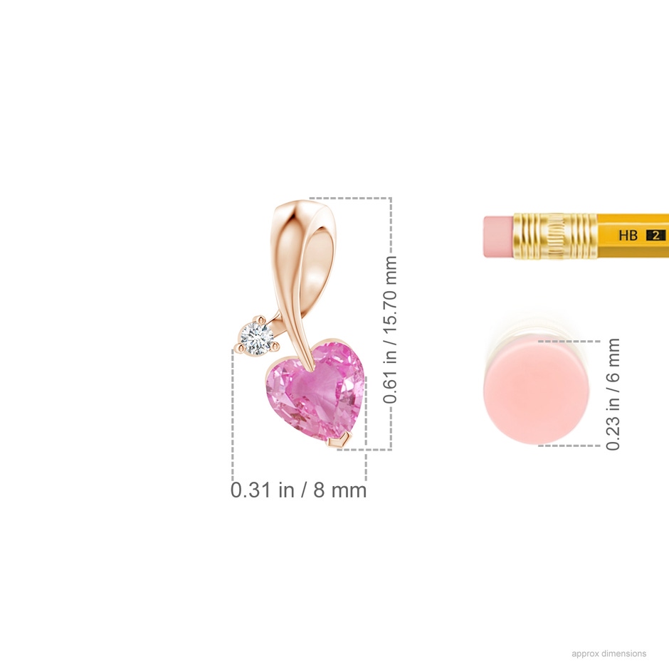 6mm AA Heart-Shaped Pink Sapphire Ribbon Pendant with Diamond in Rose Gold ruler