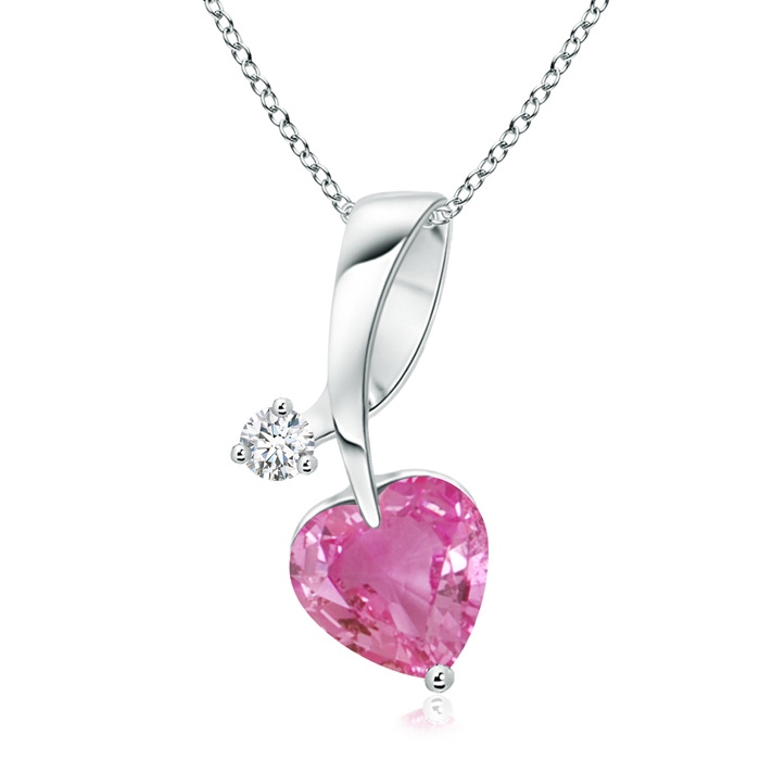 6mm AAA Heart-Shaped Pink Sapphire Ribbon Pendant with Diamond in White Gold