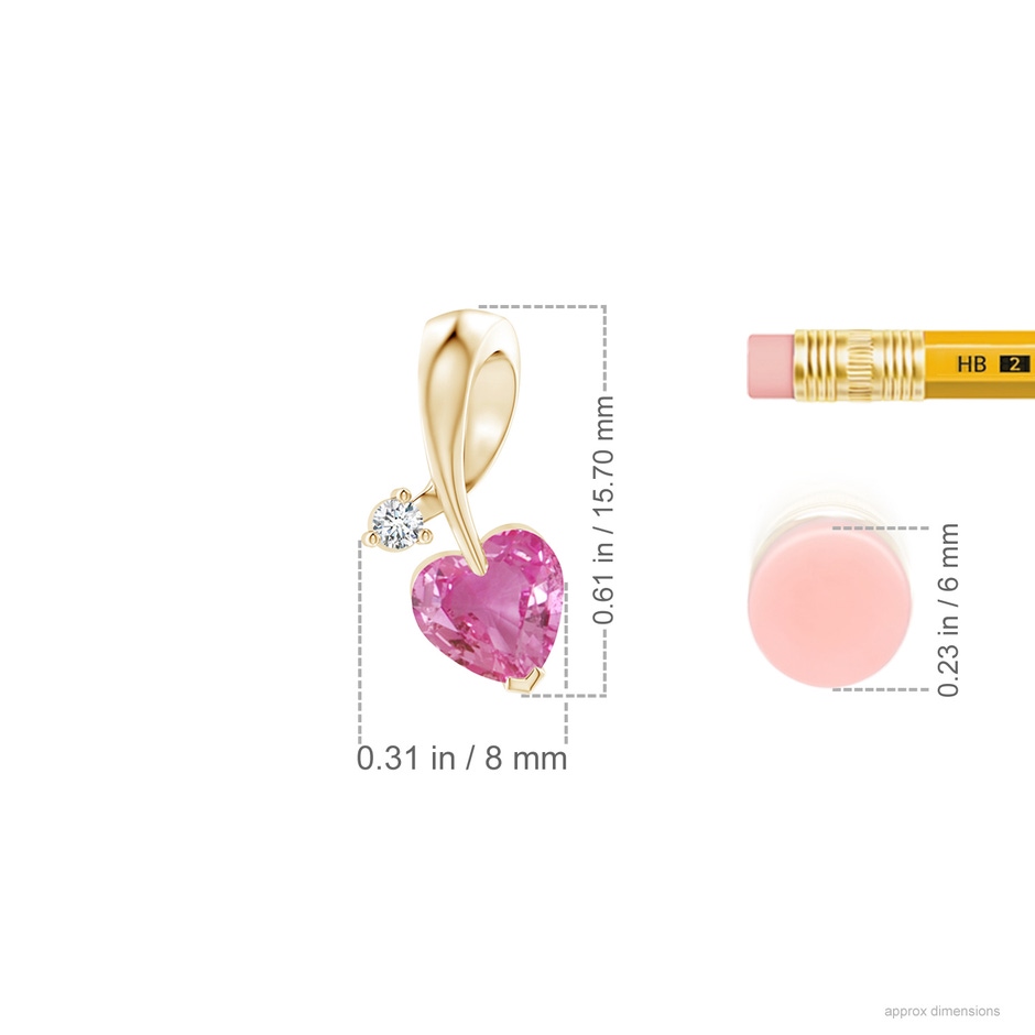 6mm AAA Heart-Shaped Pink Sapphire Ribbon Pendant with Diamond in Yellow Gold ruler