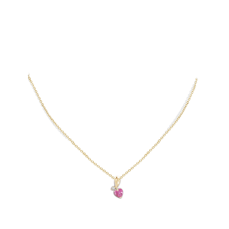 6mm AAA Heart-Shaped Pink Sapphire Ribbon Pendant with Diamond in Yellow Gold pen