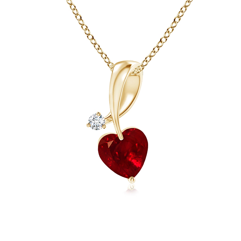 4mm AAAA Heart-Shaped Ruby Ribbon Pendant with Diamond in Yellow Gold