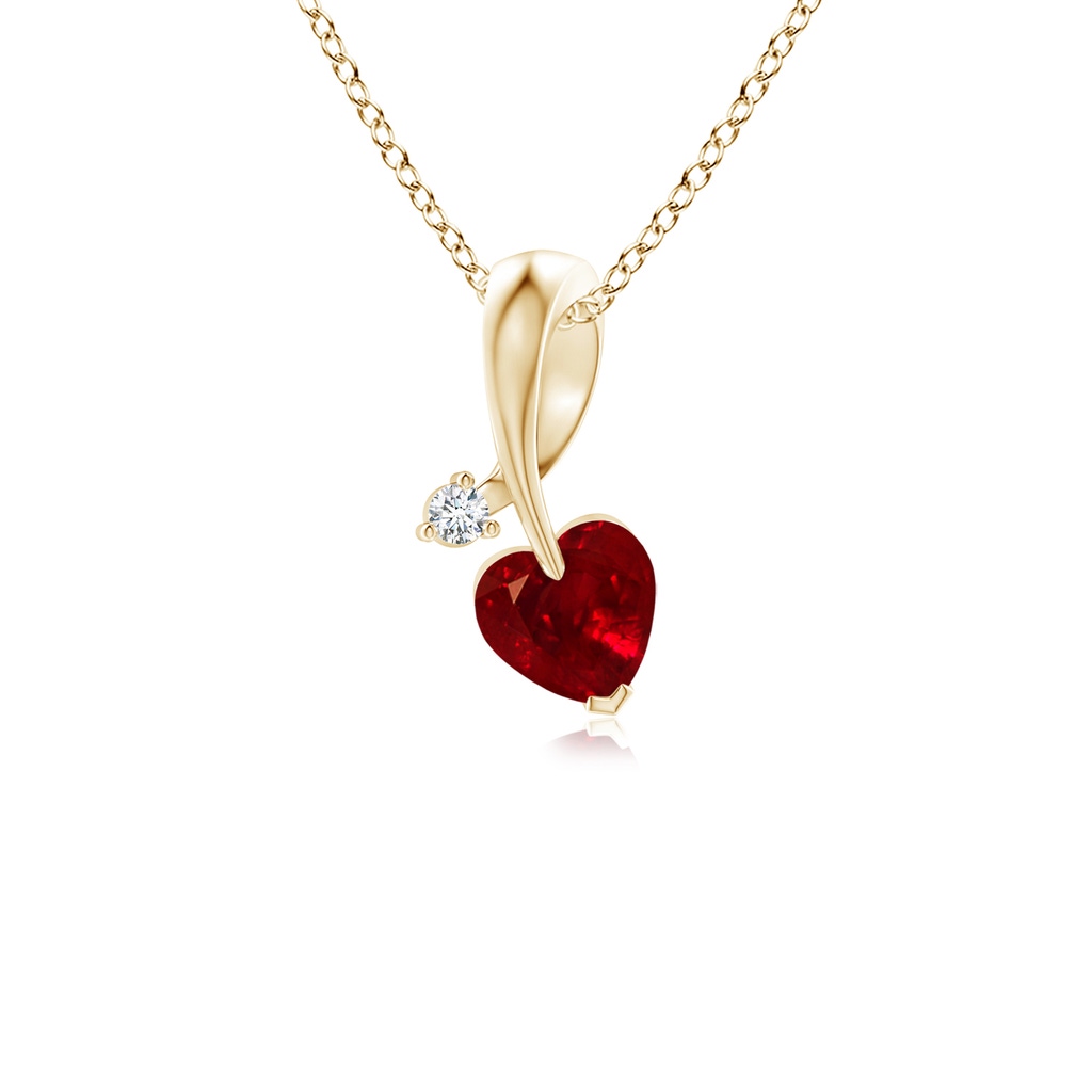 4mm AAAA Heart-Shaped Ruby Ribbon Pendant with Diamond in Yellow Gold