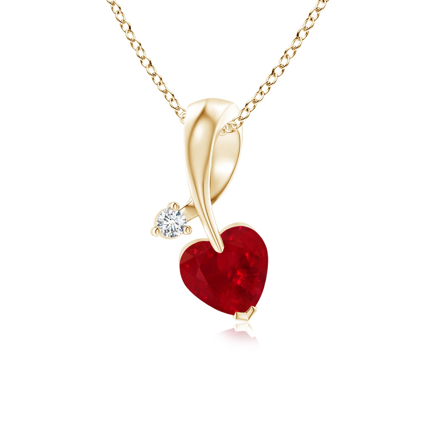 5mm AAA Heart-Shaped Ruby Ribbon Pendant with Diamond in 18CT Yellow Gold