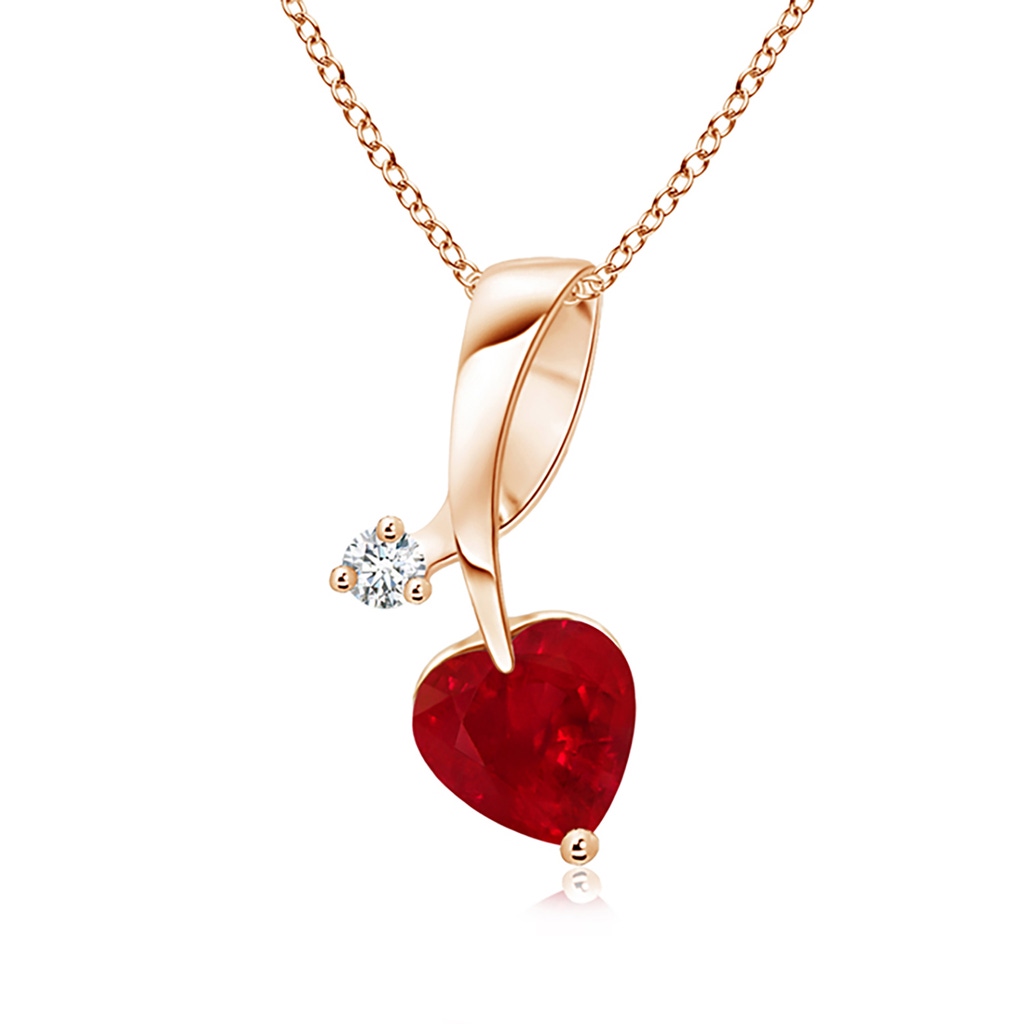 5mm AAA Heart-Shaped Ruby Ribbon Pendant with Diamond in Rose Gold