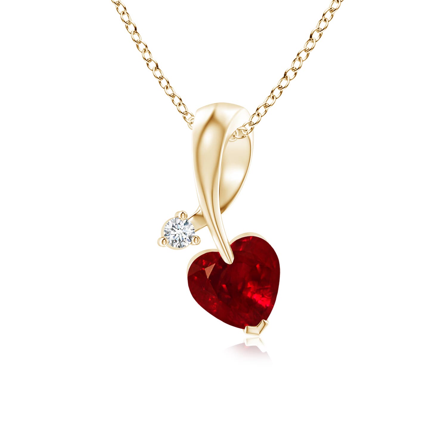5mm AAAA Heart-Shaped Ruby Ribbon Pendant with Diamond in 18K Yellow Gold