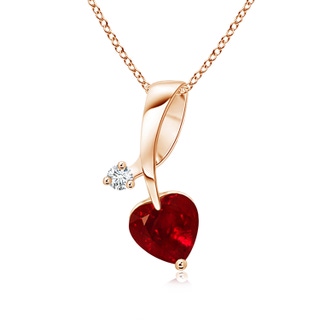 5mm AAAA Heart-Shaped Ruby Ribbon Pendant with Diamond in Rose Gold