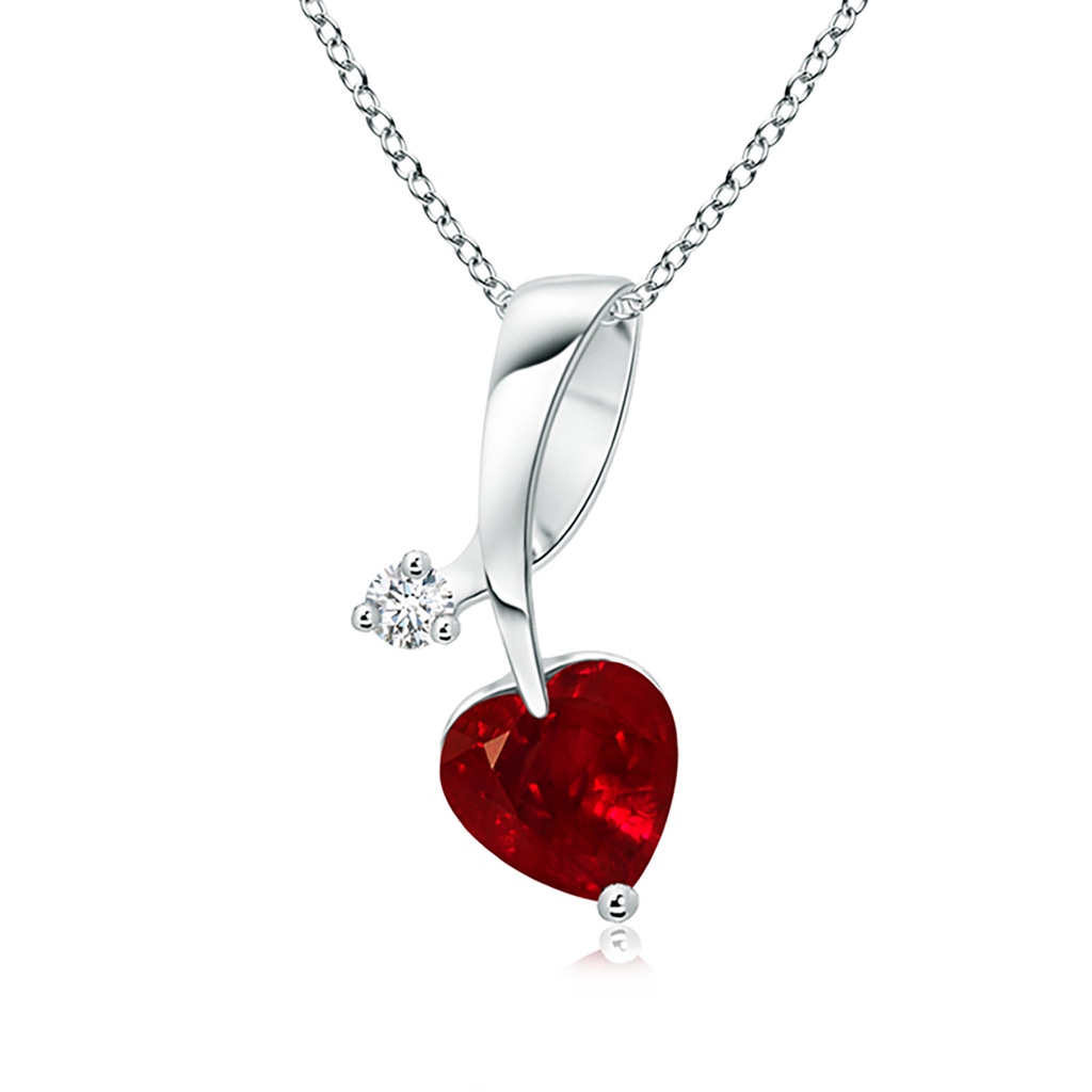 5mm AAAA Heart-Shaped Ruby Ribbon Pendant with Diamond in White Gold