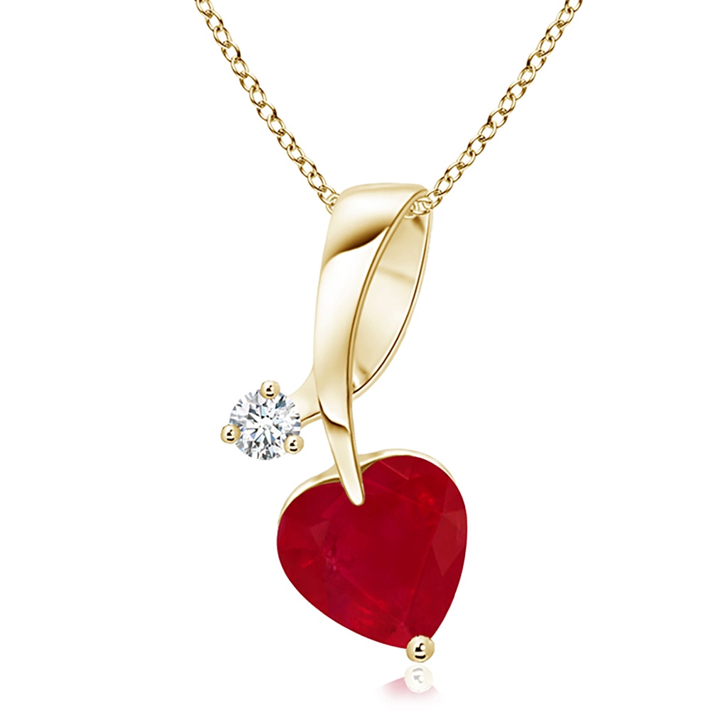 6mm AA Heart-Shaped Ruby Ribbon Pendant with Diamond in Yellow Gold 