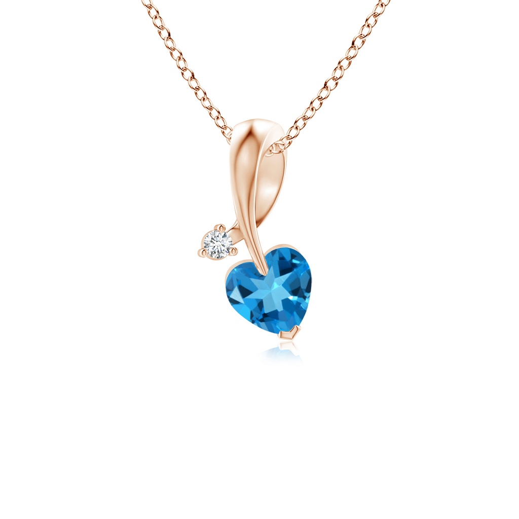 4mm AAAA Heart-Shaped Swiss Blue Topaz Ribbon Pendant with Diamond in Rose Gold