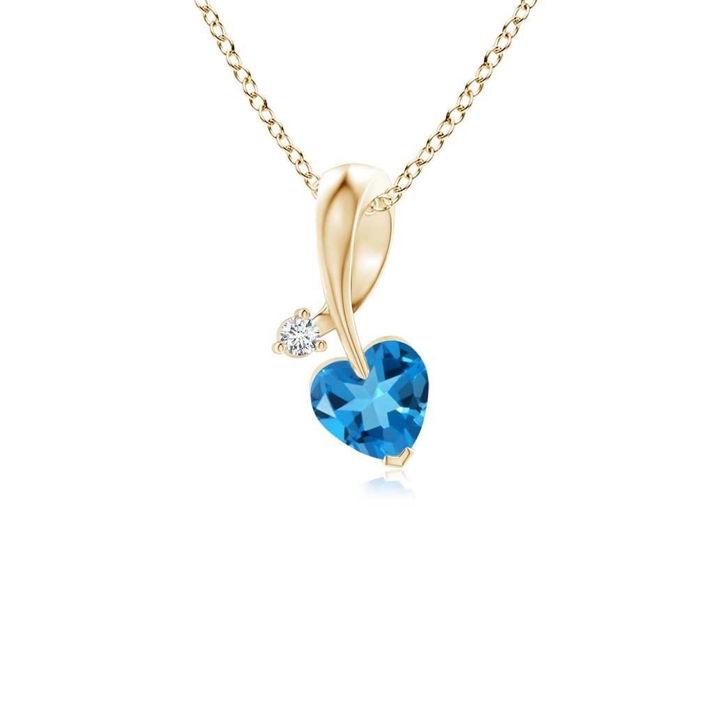 4mm AAAA Heart-Shaped Swiss Blue Topaz Ribbon Pendant with Diamond in Yellow Gold