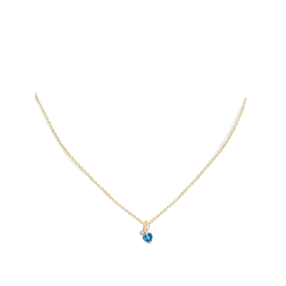 5mm AAAA Heart-Shaped Swiss Blue Topaz Ribbon Pendant with Diamond in Yellow Gold pen