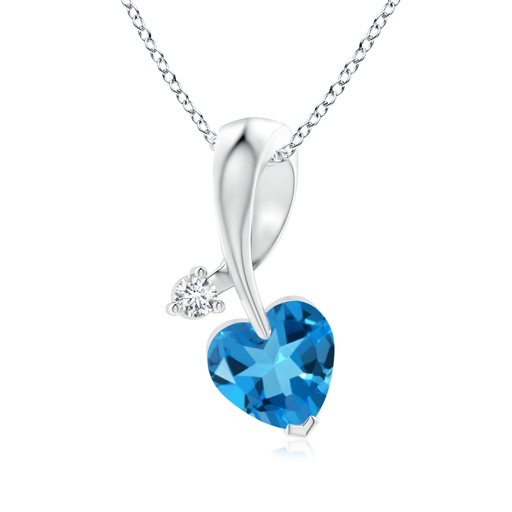6mm AAAA Heart-Shaped Swiss Blue Topaz Ribbon Pendant with Diamond in White Gold
