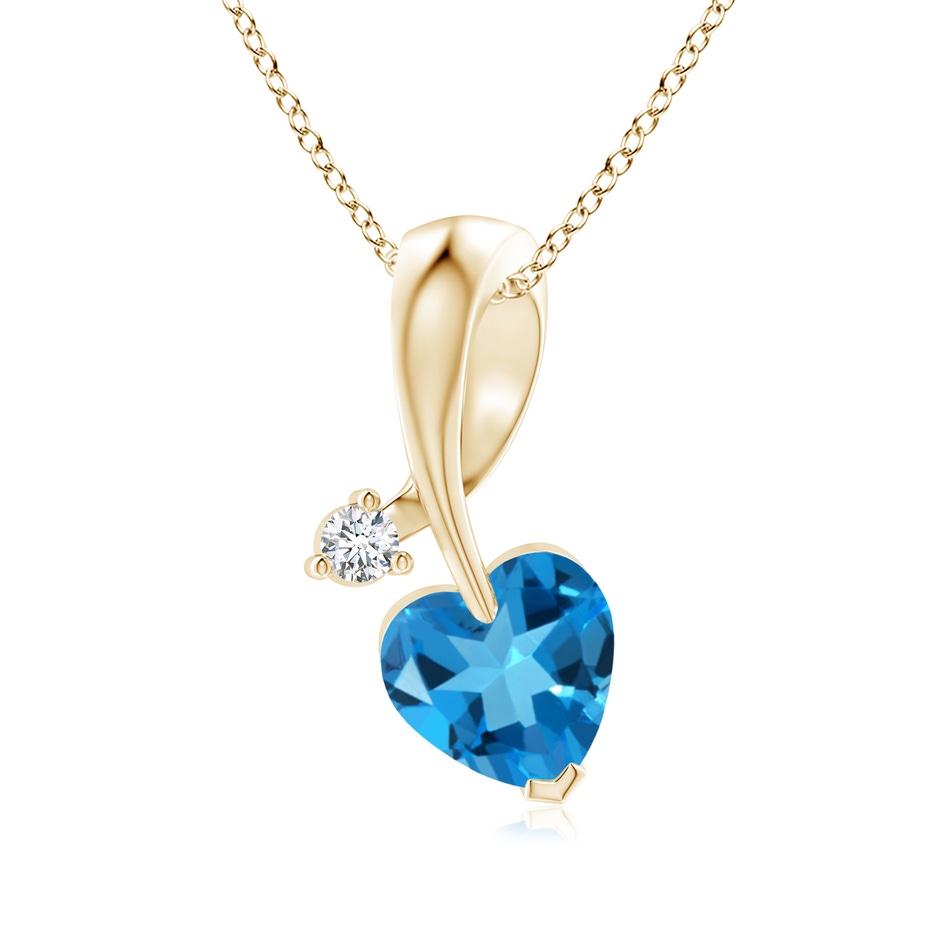 6mm AAAA Heart-Shaped Swiss Blue Topaz Ribbon Pendant with Diamond in Yellow Gold 