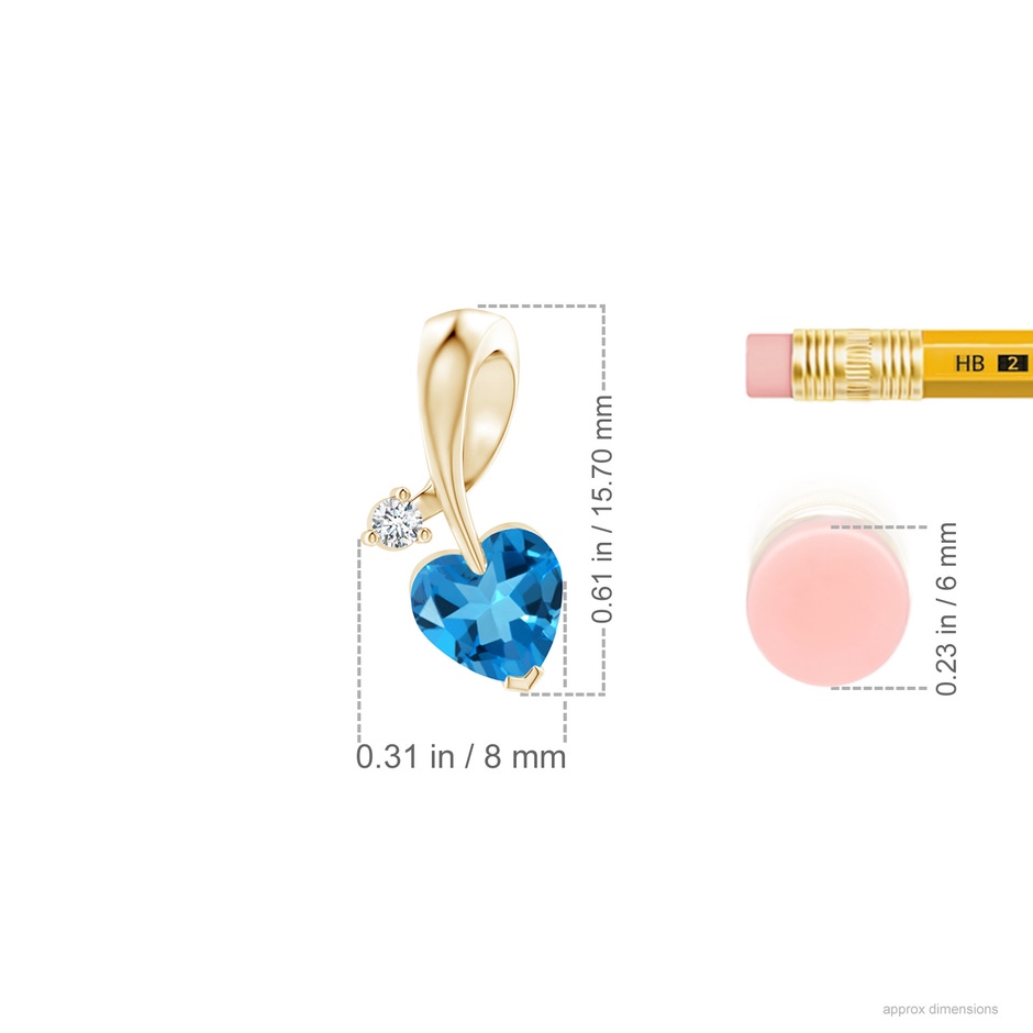 6mm AAAA Heart-Shaped Swiss Blue Topaz Ribbon Pendant with Diamond in Yellow Gold ruler