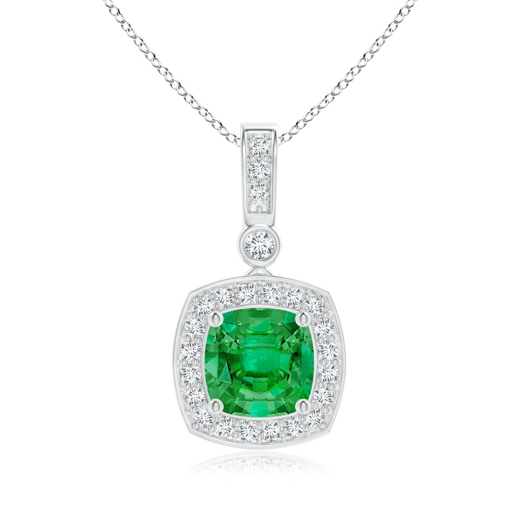6mm AAA Cushion Emerald Pendant with Diamond Halo in White Gold 