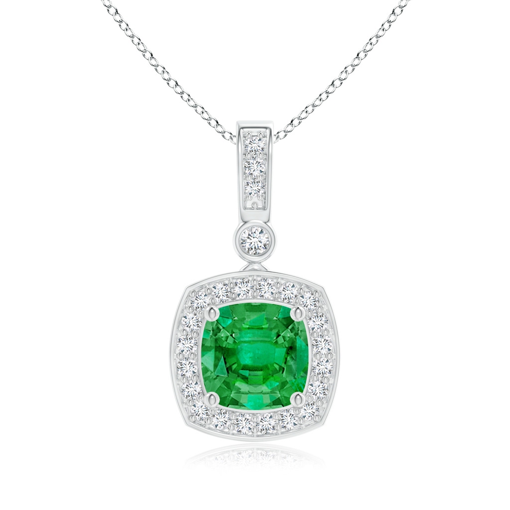 6mm AAA Cushion Emerald Pendant with Diamond Halo in White Gold