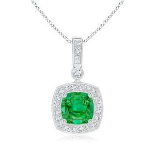 6mm AAA Cushion Emerald Pendant with Diamond Halo in White Gold