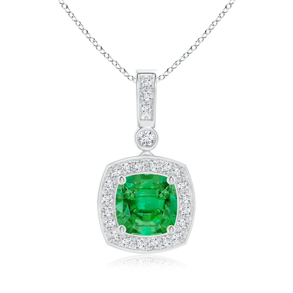 6mm AAA Cushion Emerald Pendant with Diamond Halo in White Gold 