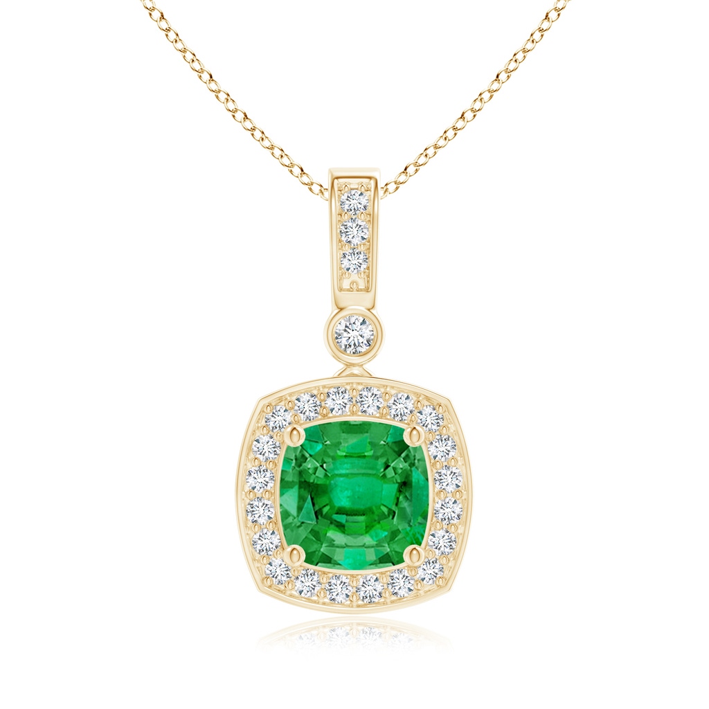 6mm AAA Cushion Emerald Pendant with Diamond Halo in Yellow Gold