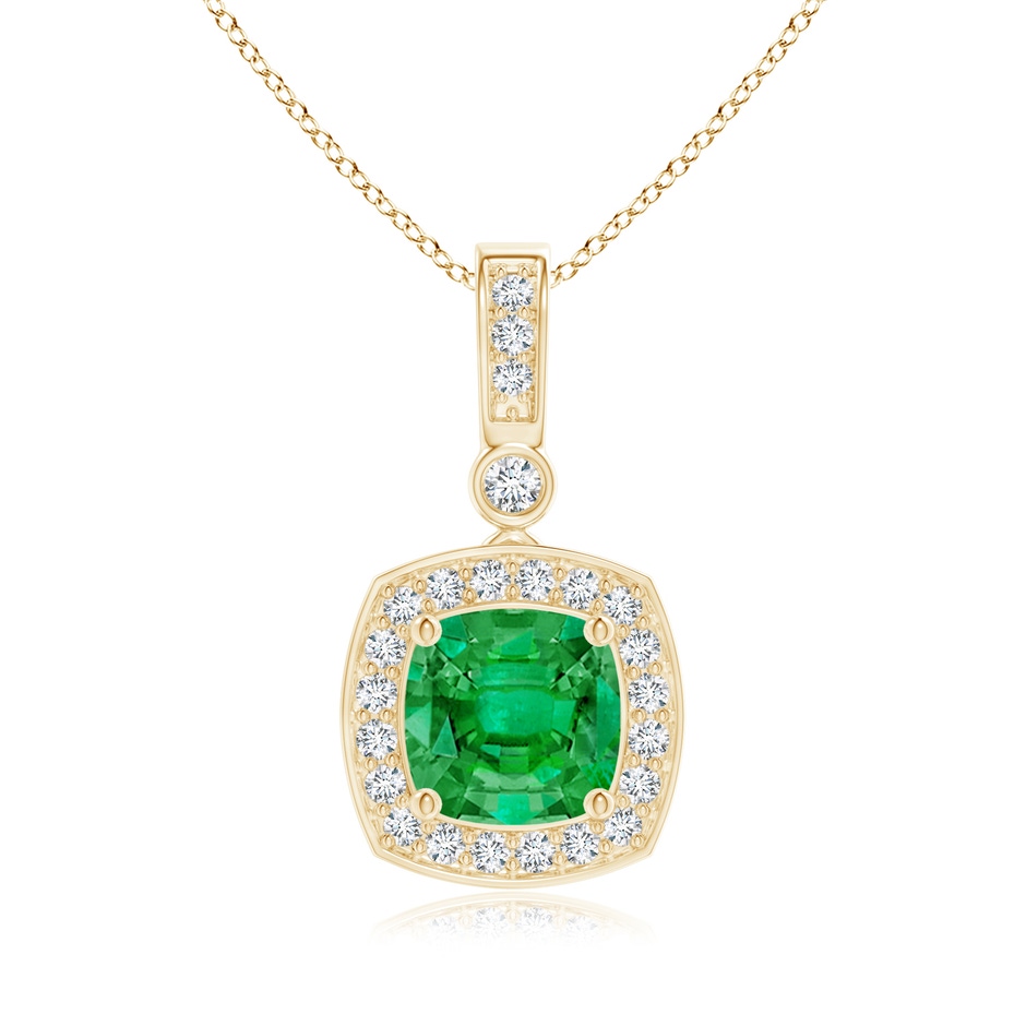 6mm AAA Cushion Emerald Pendant with Diamond Halo in Yellow Gold 