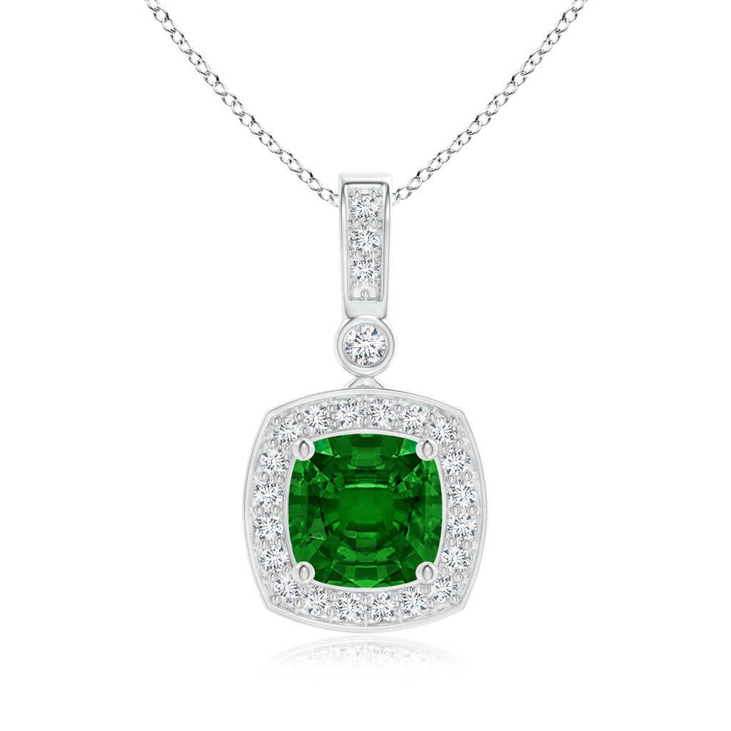 6mm AAAA Cushion Emerald Pendant with Diamond Halo in P950 Platinum