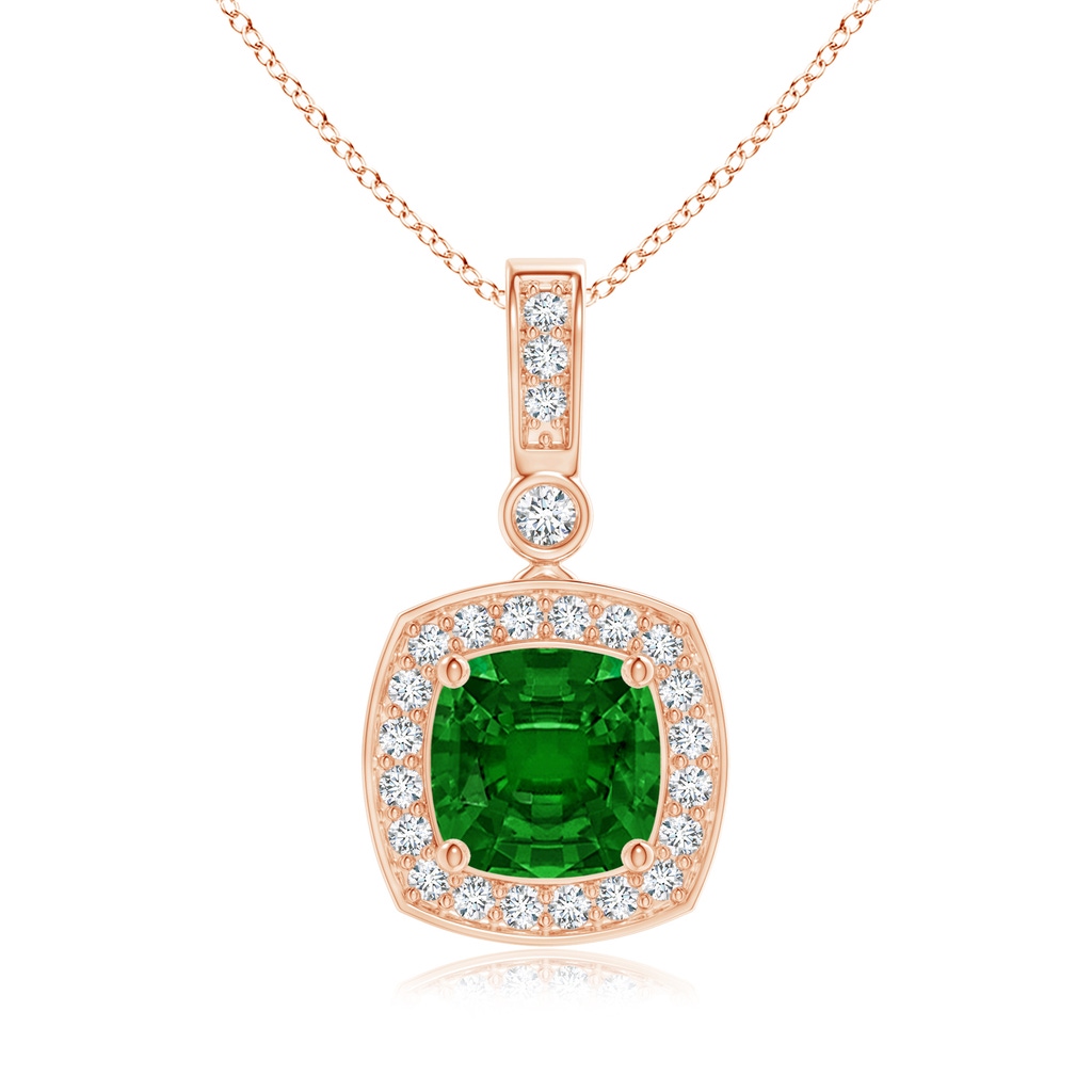 6mm AAAA Cushion Emerald Pendant with Diamond Halo in Rose Gold