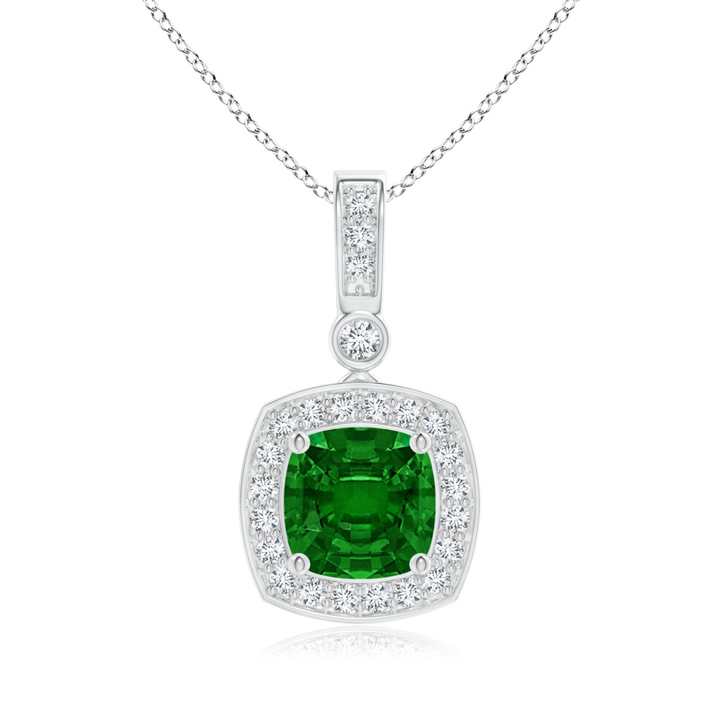 6mm Lab-Grown Cushion Emerald Pendant with Diamond Halo in White Gold