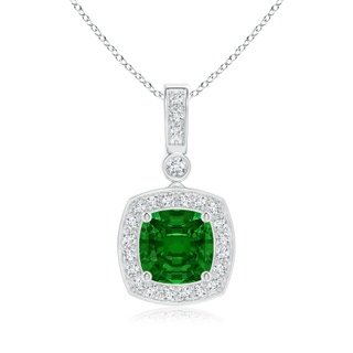 6mm AAAA Cushion Emerald Pendant with Diamond Halo in White Gold