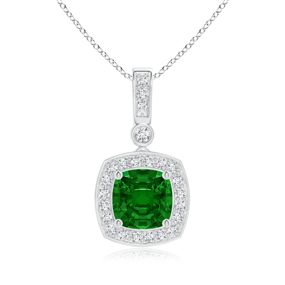 6mm Lab-Grown Cushion Emerald Pendant with Diamond Halo in White Gold 