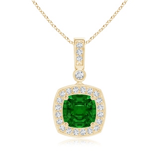 6mm AAAA Cushion Emerald Pendant with Diamond Halo in Yellow Gold