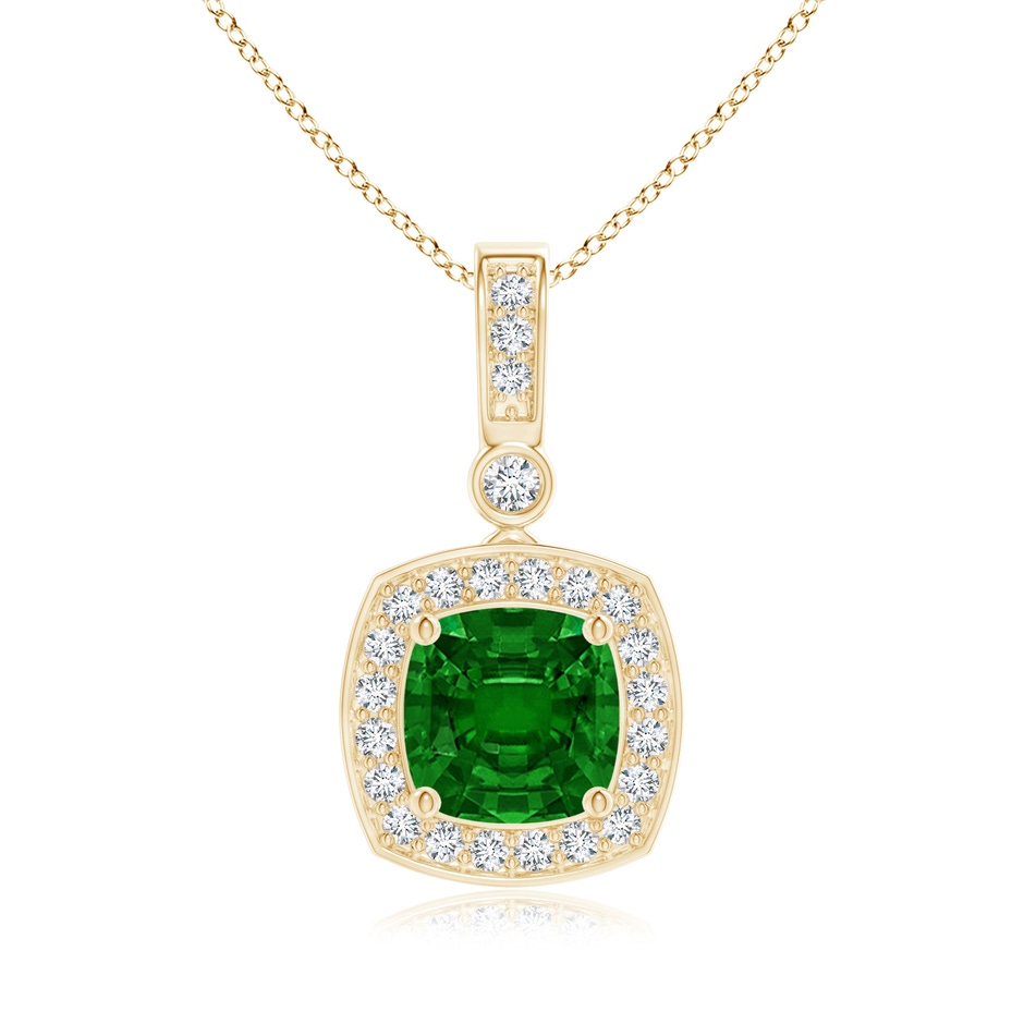 6mm Lab-Grown Cushion Emerald Pendant with Diamond Halo in Yellow Gold 